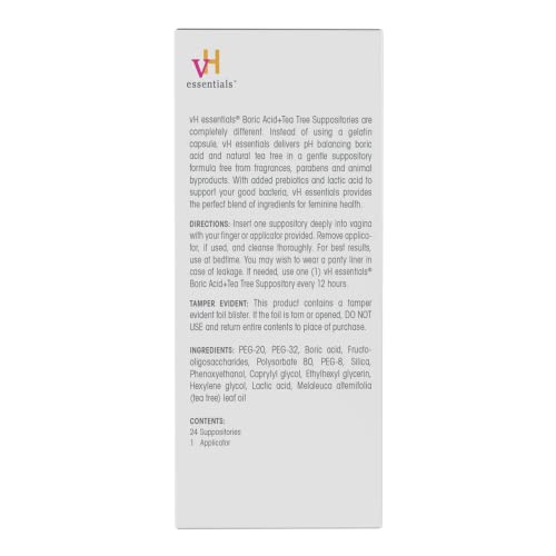 vH essentials Boric Acid + Tea Tree Vaginal Suppositories - Prebiotics Formula with Lactic Acid vH essentials