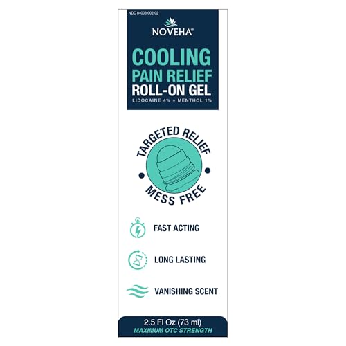 NOVEHA Lidocaine Roll-On Gel 4% | Maximum Strength Temporary Topical Pain Relief for Minor Muscle & Joint Aches | Cooling Formula with Menthol & Arnica | Non-Greasy, Quick-Drying | 2.5 fl oz NOVEHA
