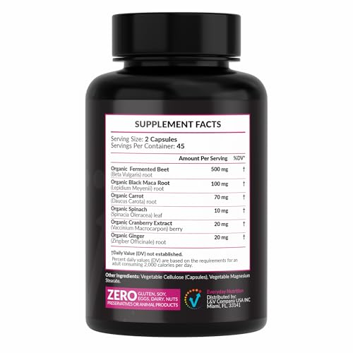 EVERYDAY NUTRITION Organic Fermented Beet Root & Black Maca Capsules with Carrot, Spinach, Cranberry & Ginger | Superfood for Energy, Stamina & Wellness | 90 Veggie Capsules | Made in USA EVERYDAY NUTRITION