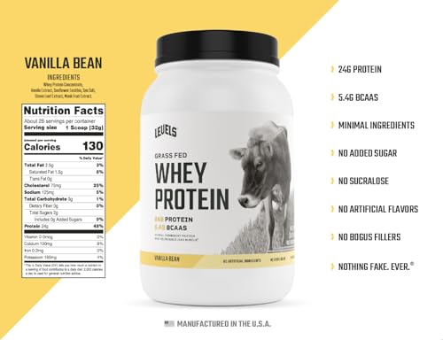 Levels Grass Fed 100% Whey Protein, No Hormones, Vanilla Bean, 2LB Levels Nutrition
