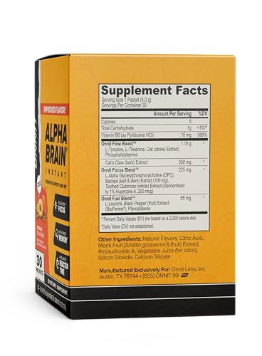 ONNIT Alpha Brain Instant Cognitive Support Drink Mix, Nootropic Supplement for Focus, Memory and Clarity, Peach Flavor, 0.13 oz Packets, 30 Count ONNIT