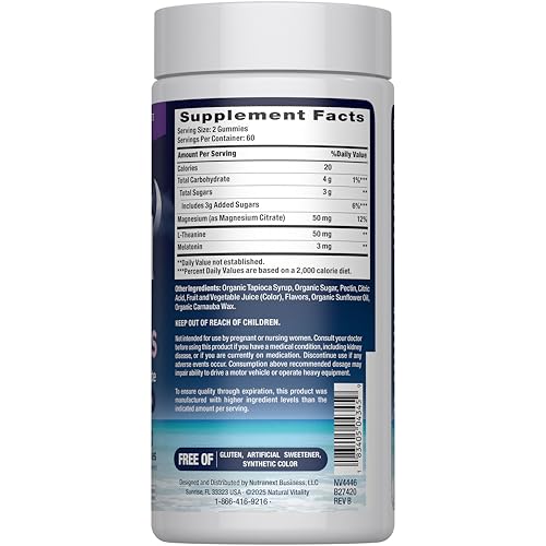 Natural Vitality SLEEP Gummies, Magnesium Supplement With Melatonin and L-Theanine, Vegan, Gluten Free, Helps the Body Ease Into Sleep Natural Vitality