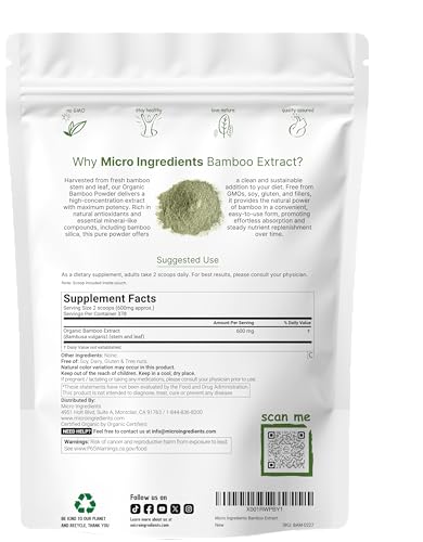 Micro Ingredients Organic Bamboo Extract Powder, 8oz (378 Servings) | Bamboo Plant Silica & Mineral Supplements | Natural Stem & Leaf Extract | Non-GMO, Gluten Free, Vegan Friendly Micro Ingredients