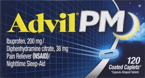 Advil PM Pain Reliever and Nighttime Sleep Aid, Pain Medicine with Ibuprofen for Pain Relief and Diphenhydramine Citrate for A Sleep Aid - 120 Coated Caplets (Pack of 2) Advil