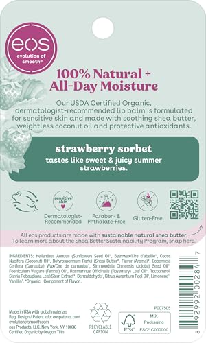 eos 100% Natural & Organic Lip Balm - Strawberry Sorbet, All-Day Moisture, Dermatologist Recommended for Sensitive Skin Care, Lip Care Products, 0.25 oz eos