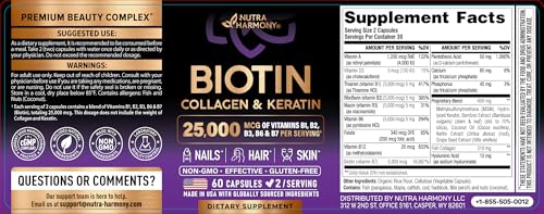 NUTRAHARMONY Biotin | Collagen | Hyaluronic Acid | Keratin - Support Normal Hair Growth Cycle - Skin & Nails - 25000mcg Vitamins B1, B2, B3, B6 & B7 NUTRAHARMONY