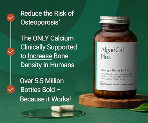 ALGAECAL Organic Red Algae Calcium Supplement for Bone Density, Vitamin K2 MK7 (100mg), Vitamin D3 (1600 IU), Magnesium (350mg) & Trace Minerals & Strength ALGAECAL