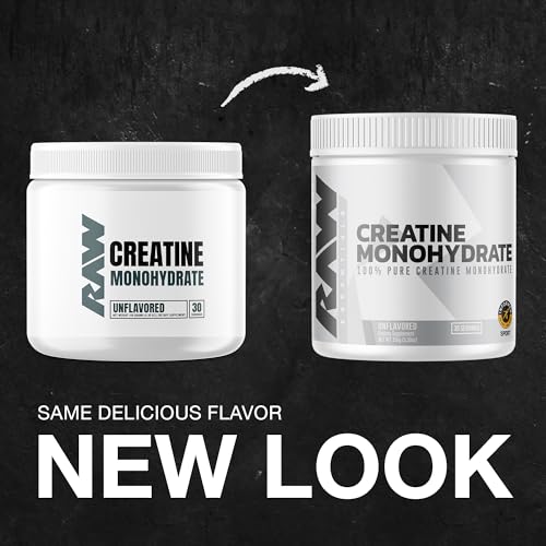 RAW Nutrition Creatine Monohydrate Powder, Unflavored (30 Servings) - Micronized Creatine Monohydrate Supplement for Workout Performance, Build Muscle & Strength RAW