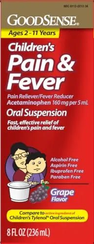 GoodSense Children's Pain and Fever, Acetaminophen 160 mg per 5 mL Oral Suspension, Grape Flavor, 8 FL OZ GoodSense