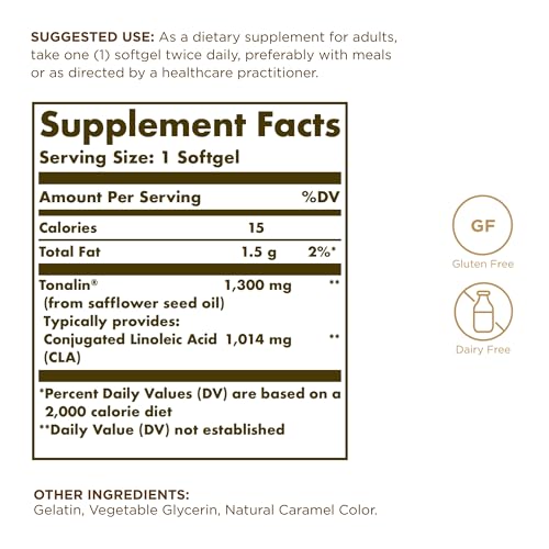 Solgar Tonalin CLA 1300 mg - 60 Softgels - Conjugated Linoleic Acid - Non-GMO, Gluten SOLGAR
