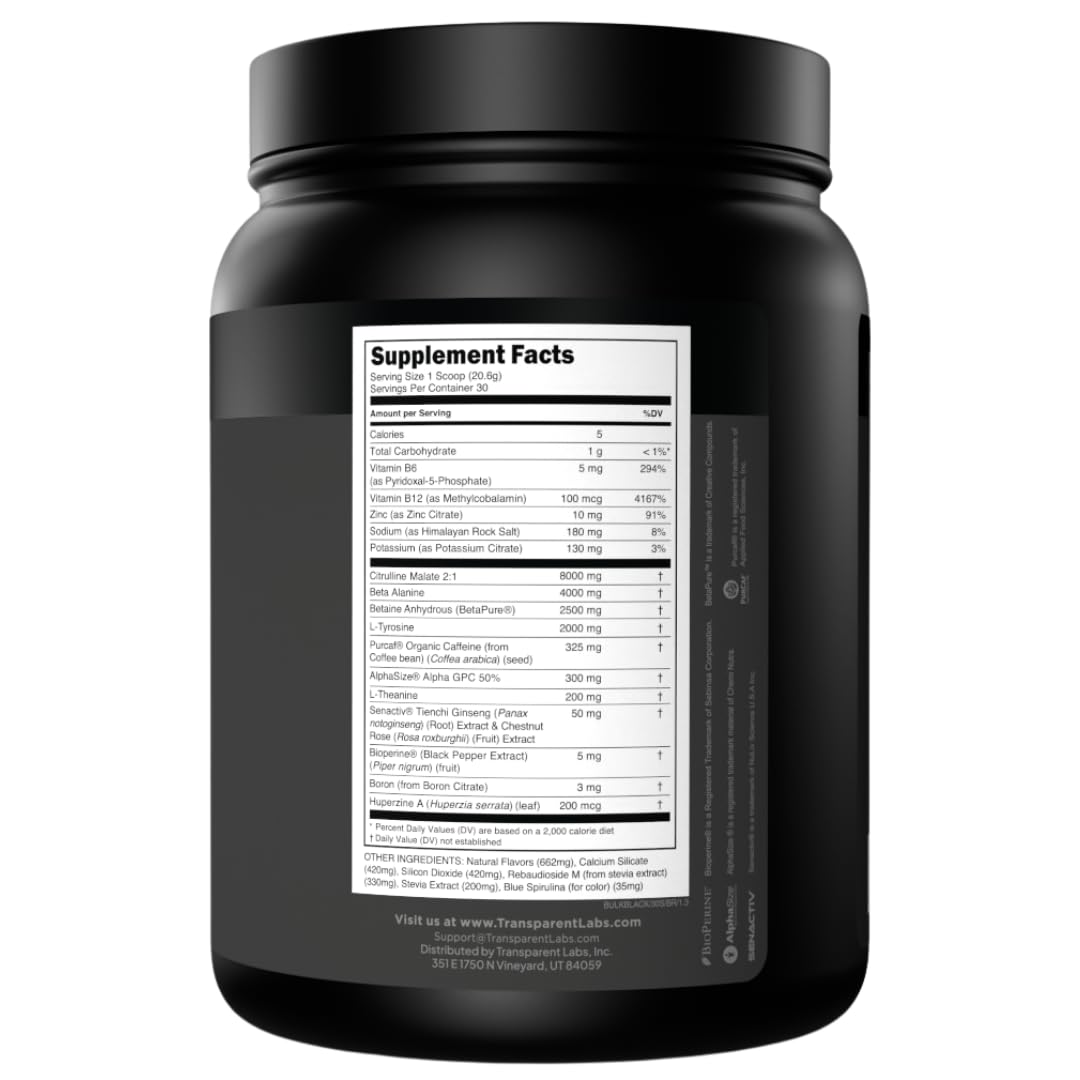 Transparent Labs Bulk Black Pre Workout - Clinically Dosed, Sugar Free Preworkout for Men and Women with Beta Alanine Powder, Citrulline Malate, & Caffeine - 30 Servings, Black Cherry Gsupps Australia