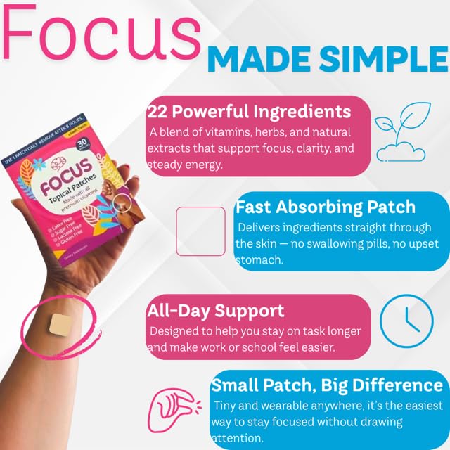 Swift Patch Focus Patch for Adults (30 Day Supply) + Proprietary Blend (Men and Women) - Help Kids and Adults Focus with Patches 22 Ingredients with Proprietary Formula Ultimate Swift Patch