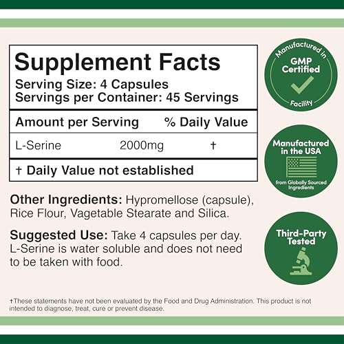 L-Serine Capsules (Third Party Tested) - 2,000mg Servings Used in Clinical Study, 180 Count, 500mg per Capsule (L Serine Amino Acid for Serotonin Production and Brain Support) by Double Wood Double Wood Supplements
