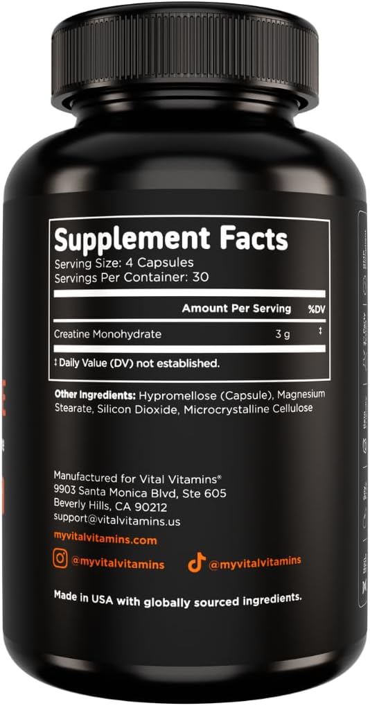 Vital Vitamins Creatine Monohydrate Pills, 3g for Women & Men | Supports Muscle Health, Energy & Cognitive Clarity, Micronized, Easy to Swallow, Non-GMO, 120 Capsules Gsupps Australia