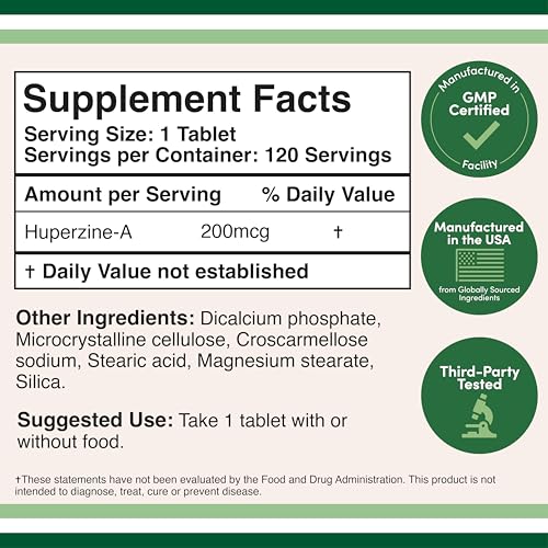 Huperzine A 200mcg (Third Party Tested) 120 Tablets, Brain Supplement to Promote Acetylcholine (Acetylcholinesterase Inhibitor) - Supports Memory and Focus by Double Wood Double Wood Supplements