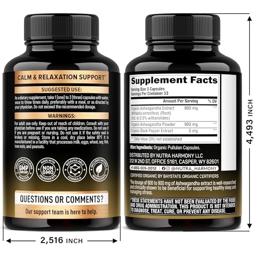 Ashwagandha Supplements 1800mg - USDA Organic Ashwagandha for Women & Men - Clinically Effective Strength for Stress Relief & Sleep - Powder & Root Extract 2.5% Withanolides - Made in USA 100 Capsules NUTRAHARMONY