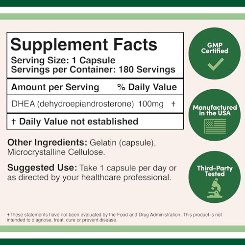 DHEA 100mg | 180 Capsules | Max Strength 6 Month Supply | Third Party Tested | Hormone Double Wood Supplements