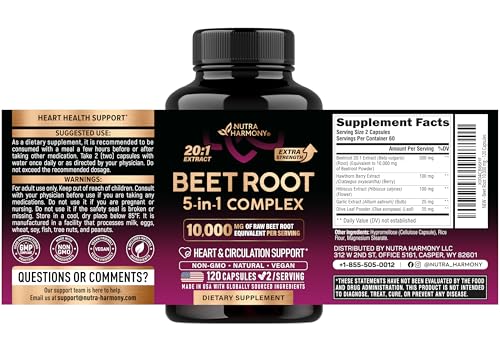 Beet Root 5-in-1 Complex Capsules - Healthy Blood Pressure Support Supplement for Heart & Circulation Support - Olive Leaf, Hawthorn Berry & Hibiscus NUTRAHARMONY