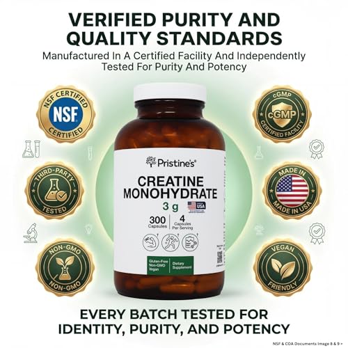 PRISTINE'S Creatine Monohydrate Capsules for Women & Men - NSF Certified 75 Day Supply 3G Muscle Growth Support Supplement - Cognitive & Athletic Performance Support - Enhanced Recovery PRISTINE'S