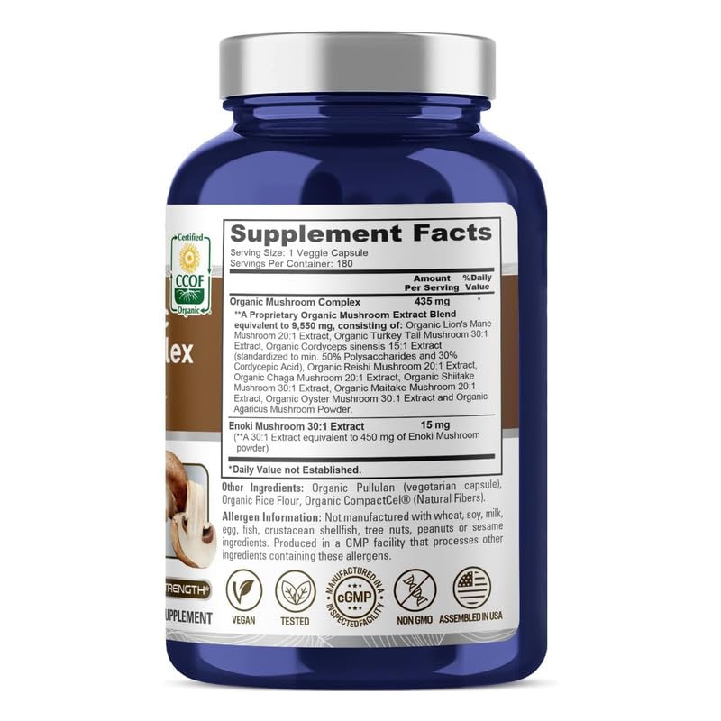 NusaPure Organic Mushroom Complex 10,000mg per Capsule, 180 Veggie Caps, Non-GMO, Enoki, Turkey Tail, Reishi, Chaga, Maitake NusaPure