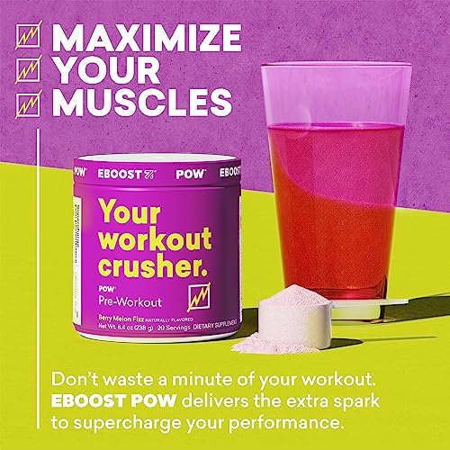 EBOOST POW Natural Pre Workout Powder - 20 Servings - Berry Melon Fizz - Pre Workout EBOOST