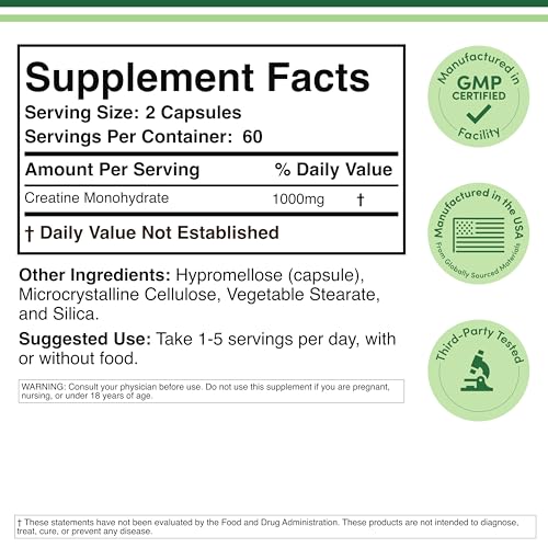 Creatine Monohydrate Capsules - 1g per Serving, 120 Count - No Fillers, Vegan Safe, Non-GMO, Gluten Free by Double Wood Double Wood Supplements