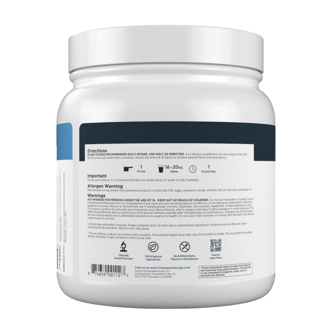 Transparent Labs Post - Post-Workout Recovery Muscle Builder with L-Glutamine, Beta-Alanine and BetaPure Betaine Anhydrous for Muscle Recovery and Muscle Building - 30 Servings, Strawberry Lemonade