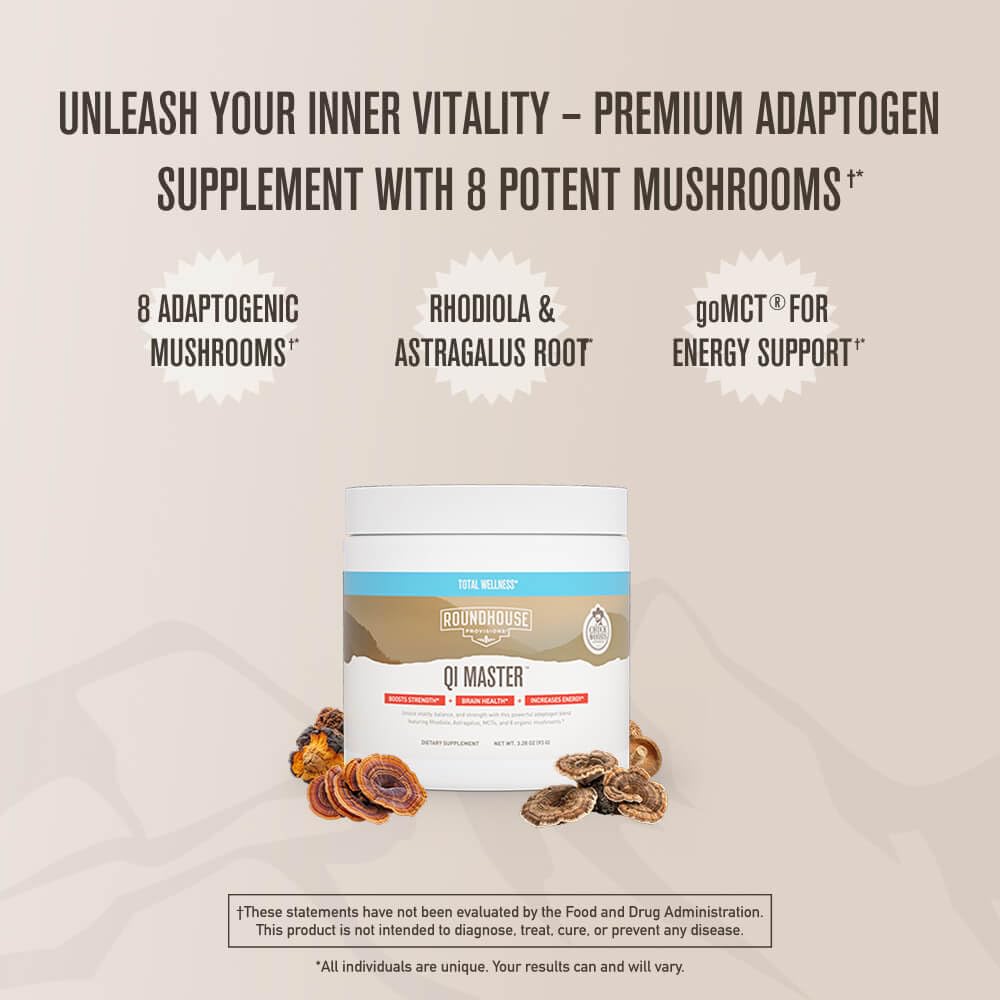 ROUNDHOUSE PROVISION Qi Master Adaptogen Blend, Earthy Mushroom Flavor with Astragalus Root, Rhodiolife Extract, MCT, 8 Organic Mushrooms (30 Scoops) by Chuck Norris ROUNDHOUSE PROVISION