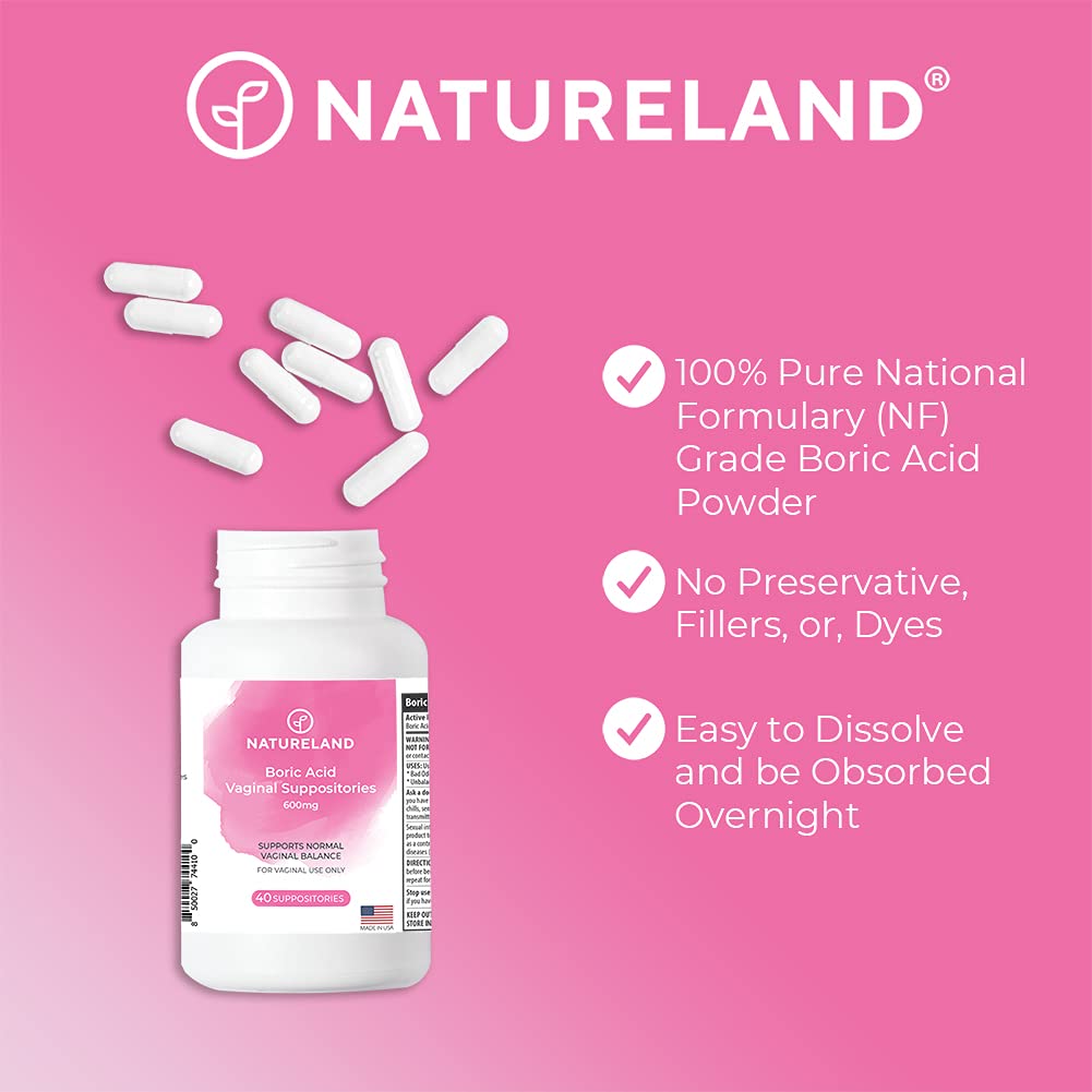 Natureland Boric Acid Suppositories for Women - 600mg, 40 Count - Made in USA - Feminine Care for pH Balance & Odor Control - Unscented Intimate Health Support Natureland