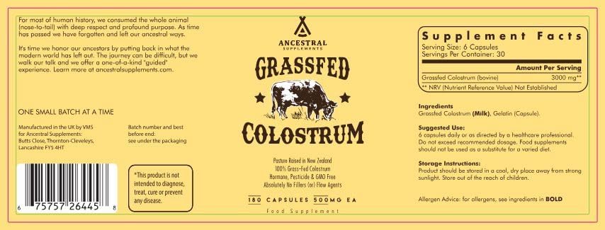 Ancestral Supplements Grass Fed Beef Colostrum Supplement, 3000 mg, Offers Immune Support and Promotes Gut Health, Athletic Performance, Healthy Iron Levels, Growth and Repair, Non GMO, 180 Capsules Gsupps Australia