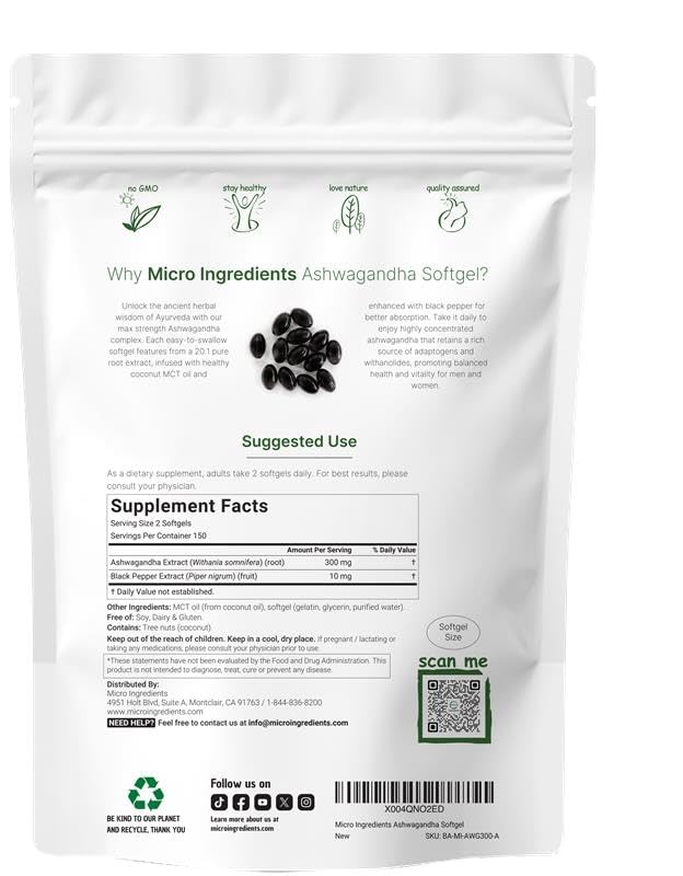 Micro Ingredients Ashwagandha Supplements | 300 Coconut MCT Oil Softgels with Black Pepper for Better Absorption | Potent Root Extract | Non-GMO Micro Ingredients