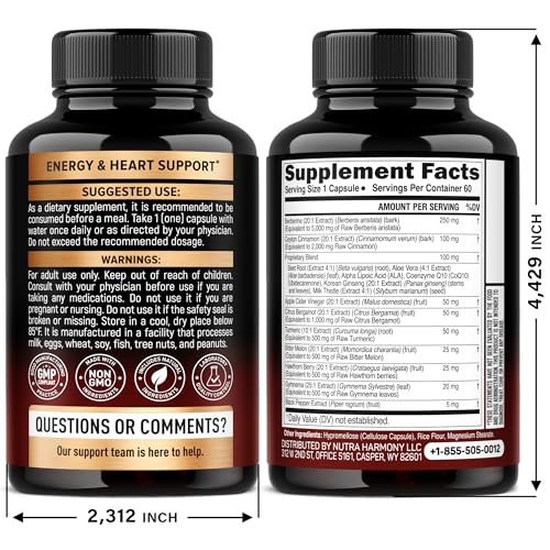 Berberine with Ceylon Cinnamon | Bitter Melon (Karela) | Apple Cider Vinegar | Hawthorn Berry | Citrus Bergamot | Turmeric - 15-in-1 Supplement for Heart Support NUTRAHARMONY