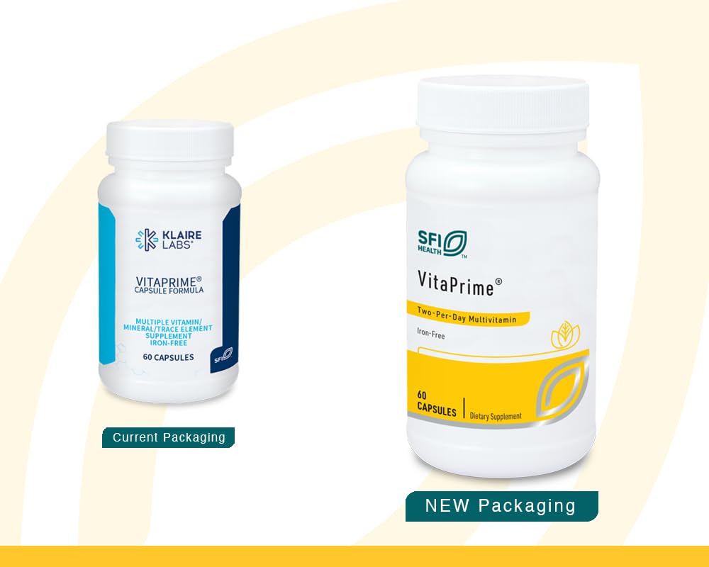 Klaire Labs SFI Health VitaPrime - Iron Free Multivitamin for Women & Men - Promote Immune Function & Support Nutritional Gaps - Two-Per-Day Multivitamin with Methyl Folate & B12 (60 Capsules) SFI Health