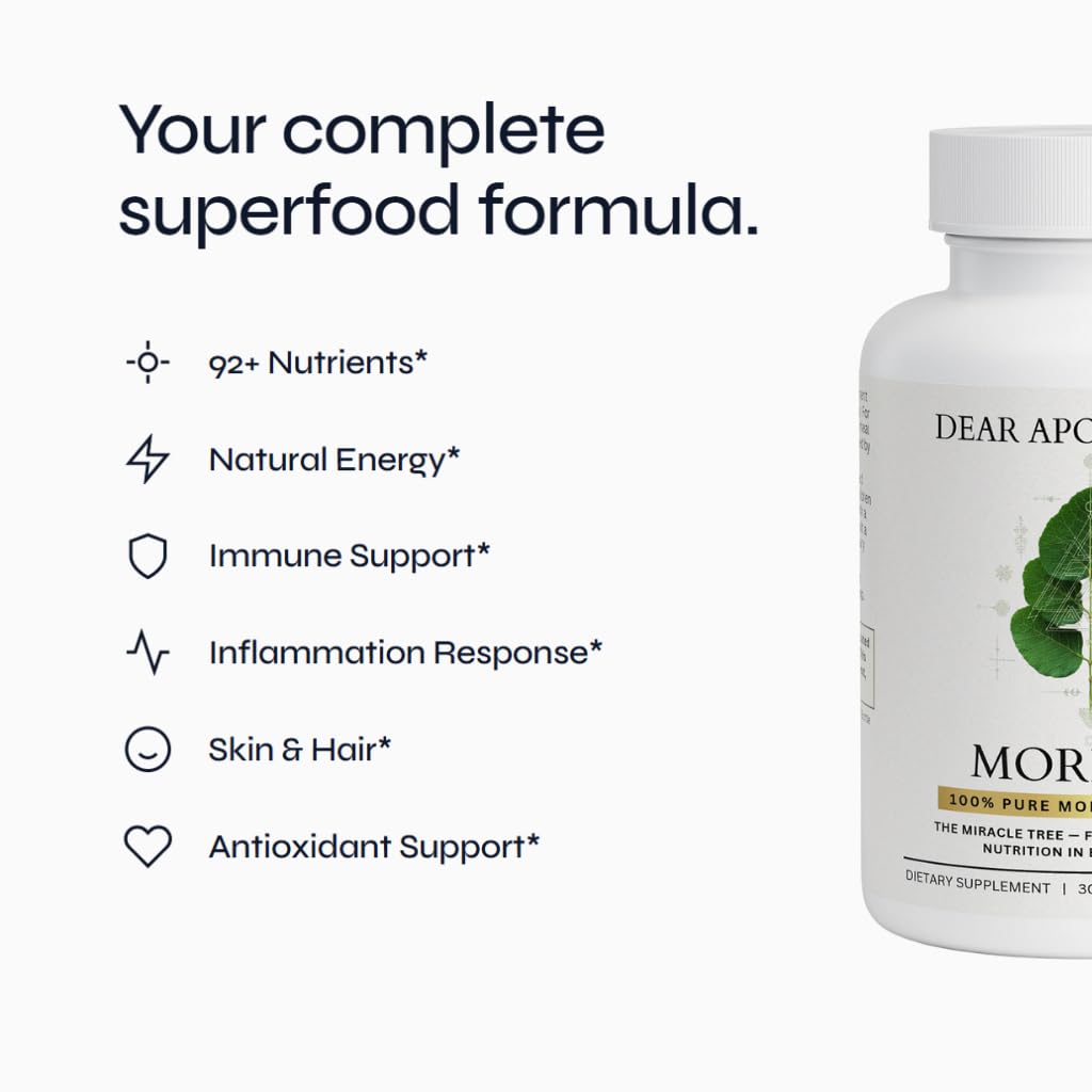 Moringa Oleifera Capsules 800mg - Pure Leaf Powder Superfood with Antioxidants Vitamins Minerals Amino Acids - Energy Immune Support Green Supplement for Men Women Dear Apothecary