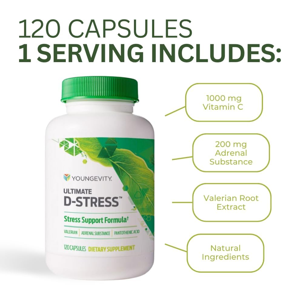 Youngevity Ultimate D-Stress™ – Natural Stress Relief Supplement with Magnesium, Valerian Root Extract, and B Vitamins – Supports Adrenal Health and Nervous System – 120 Capsules (Pack of 1) Youngevity