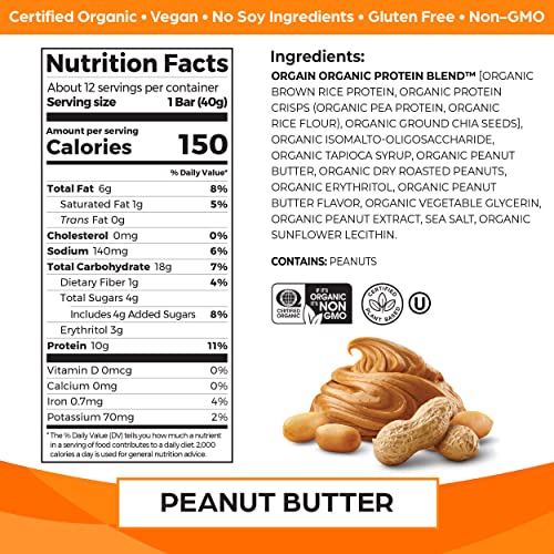 Orgain Organic Vegan Protein Bars, Peanut Butter - 10g Plant Based Protein Orgain