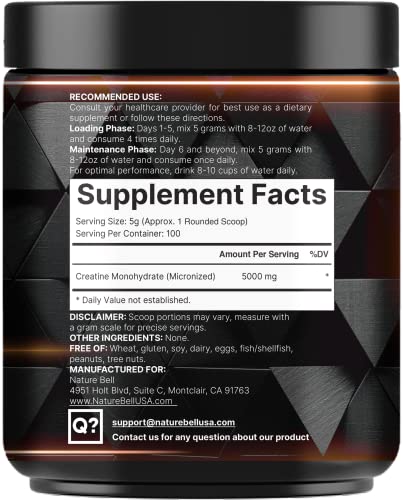 NatureBell Creatine Monohydrate Powder 500 Grams, 5000mg Per Serving NatureBell