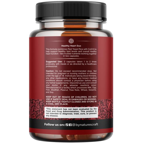 Natures Craft Red Yeast Rice with CoQ10 Supplement - Advanced Healthy Heart & Healthy Cholesterol Levels Formula for Men & Women - Red Yeast Rice Capsules with 1200 mg Natures Craft