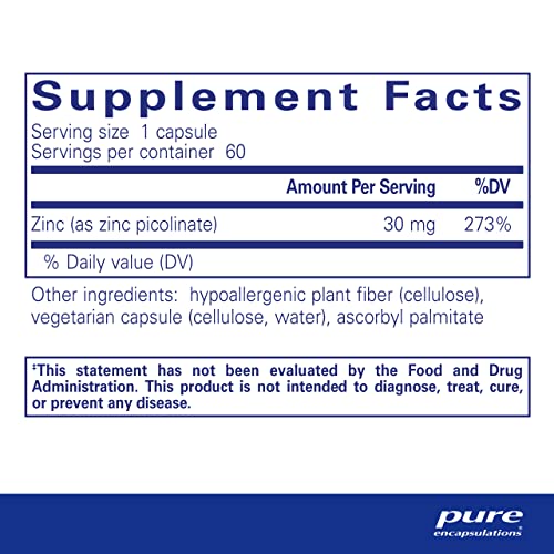 Pure Encapsulations Zinc 30 mg - Highly Absorbable - 60 Capsules Pure Encapsulations