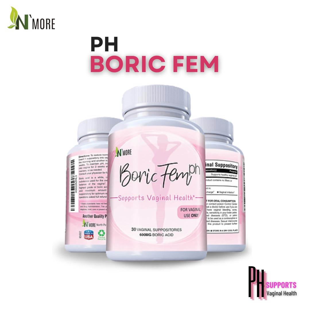 N'More Boric Acid Vaginal Suppositories- 100% Pure - Made in USA- Boricfem Vaginal Health Supplement- 30 Servings (Pack of 1) N'More