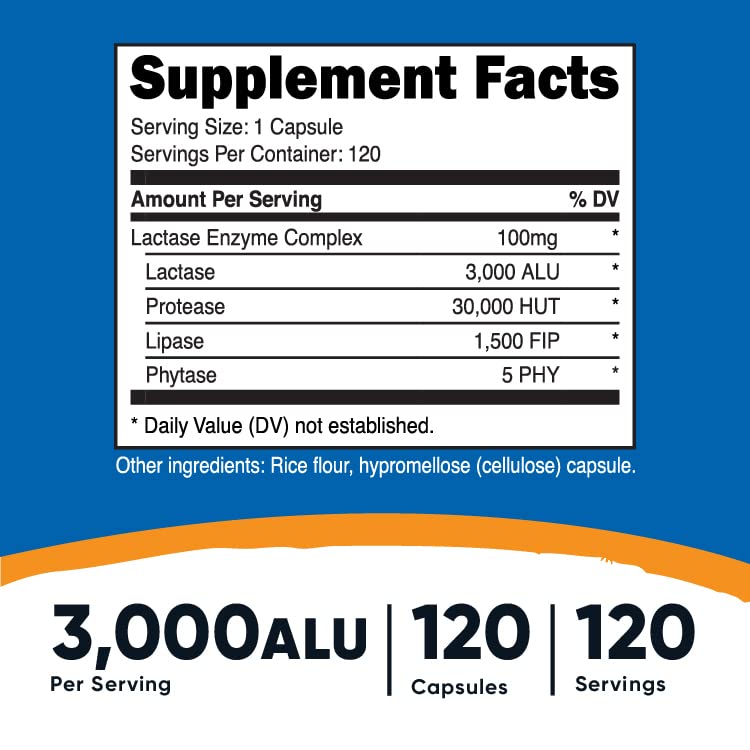 Nutricost Lactase Enzyme Complex 3,000 FCC ALU, 120 Vegetarian Capsules - Non-GMO Nutricost