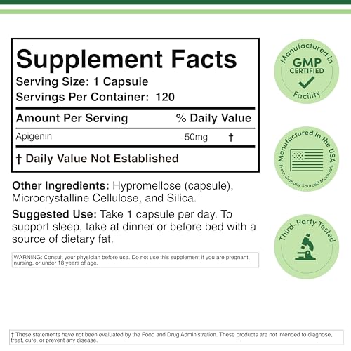 Apigenin Supplement - 50mg per Capsule, 120 Count (Powerful Bioflavonoid Found in Chamomile Tea for Relaxation, Sleep, and Mood) Senolytic Double Wood Supplements