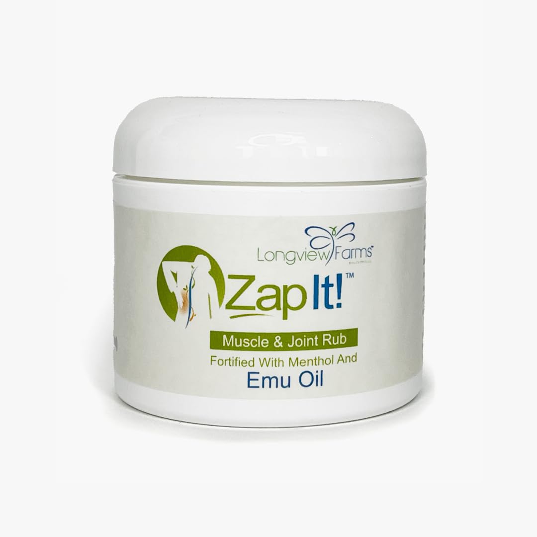 Longview Farms® Zap It! Muscle and Joint Therapy Cream– Fast-Absorbing Full Body Formula for Neck, Back, Legs, and feet and Knee Muscle Aches, Joint Discomfort, with Emu Oil(4 oz. Jar) Longview Farms