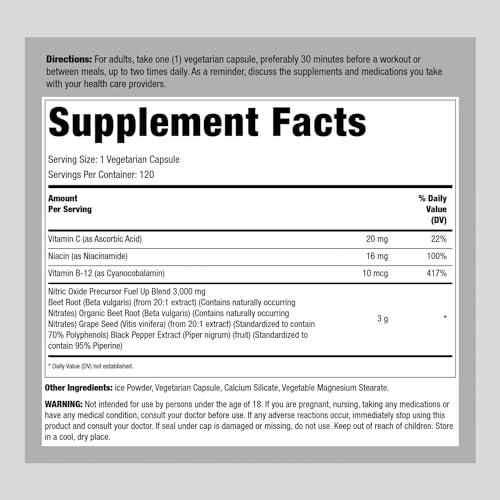 Fitness Labs Nitric Oxide Beet Root Capsules | with Nitrates | 120 Count | Nitric Oxide Fitness Labs