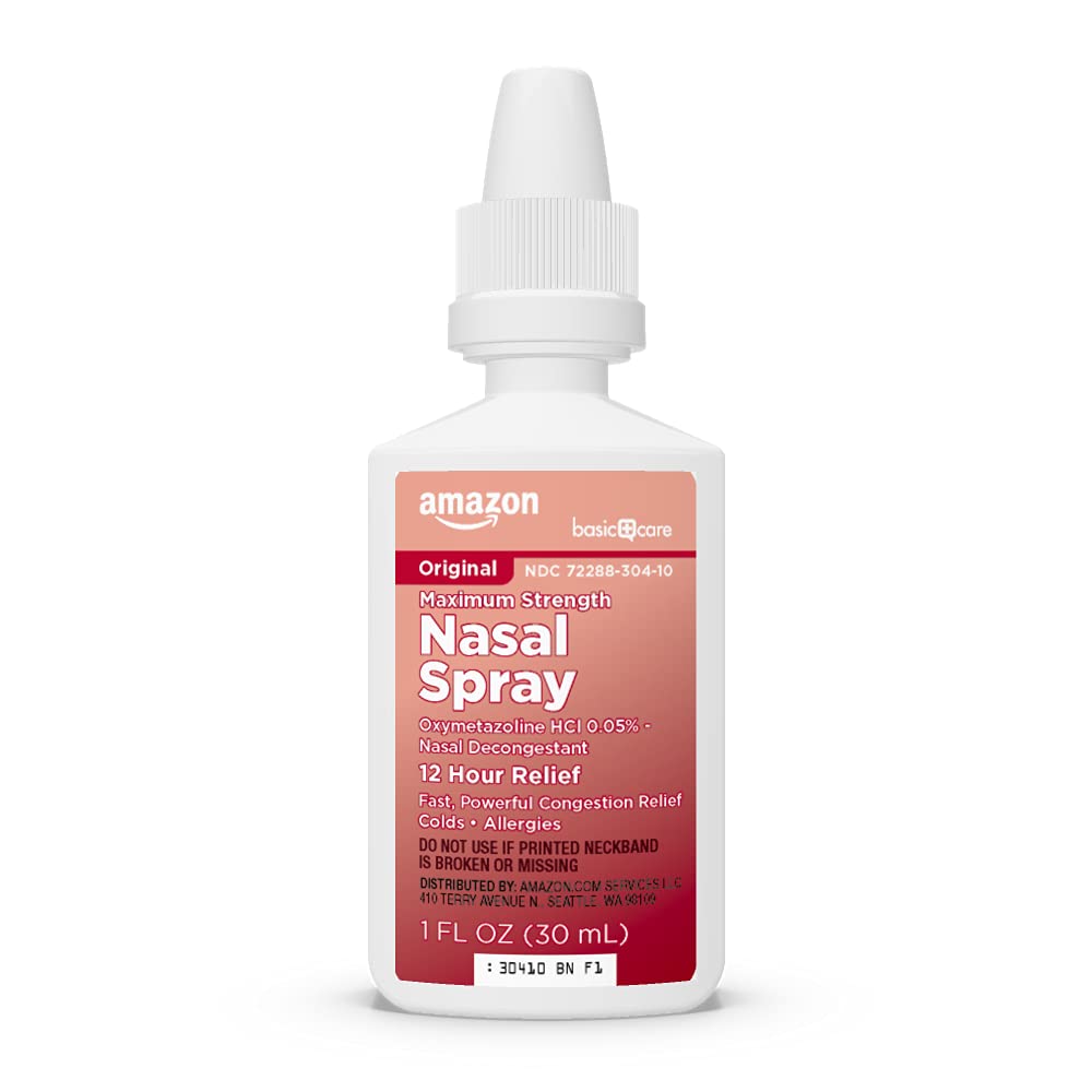 Amazon Basic Care Maximum Strength 12 Hour Nasal Spray, Oxymetazoline HCl Solution, Sinus Pressure Relief, Cold and Allergy Medicine, Decongestant, 1 fl oz (Pack of 1) Amazon Basic Care