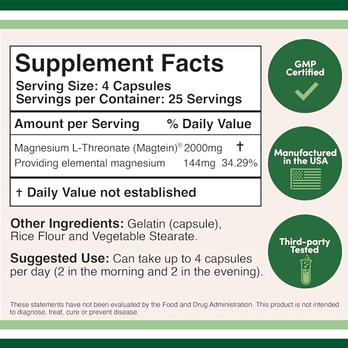 Magnesium L Threonate Capsules (Magtein) – High Absorption Supplement – Bioavailable Double Wood Supplements