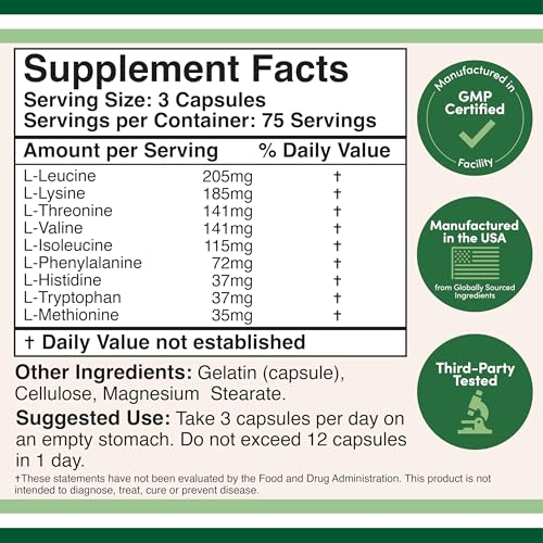 Essential Amino Acids - 1 Gram Per Serving Powder Blend of All 9 Essential Aminos (EAA) and All Branched-Chain Aminos (BCAAs) (Leucine, Isoleucine, Valine) 225 Capsules Double Wood Supplements