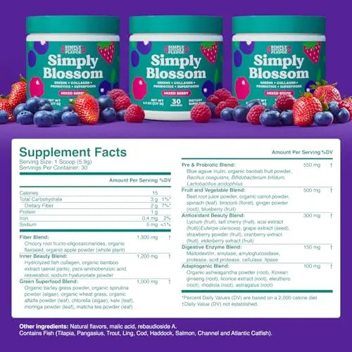 Simply Blossom Nutrition - Daily Greens & Superfood Powder + Collagen + Probiotics for Women's Digestive Health & Bloating Relief. Help Your Health Bloom - 2 Month Supply Simply Nature's Pledge