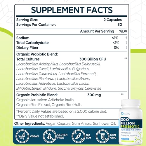 Probiotics for Women Men: 300 Billion CFU Probiotic High Potency + 12 Strains Organic RSETU