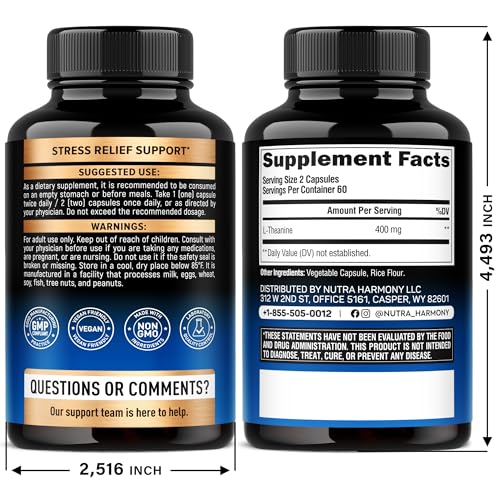 L Theanine 400 mg | L-Theanine Stress Relief | Extra Strength Supplement | Made in USA | Relaxation, Sleep & Calm Support | For Men & Women | Plant Based NUTRAHARMONY